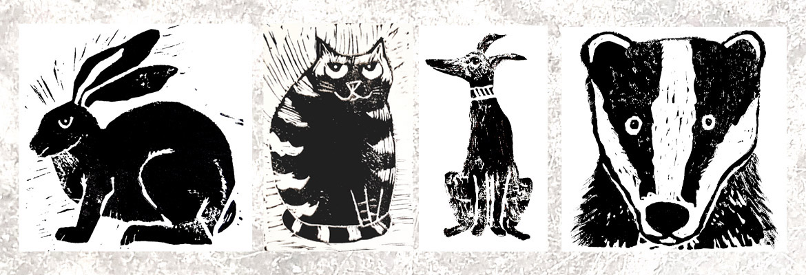 Lino print designs for cards, cushions and lampshades pluis greetings cards by Jane Adams