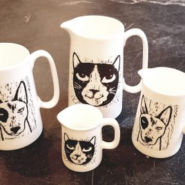 whiteware lino printed ceramics mugs and jugs