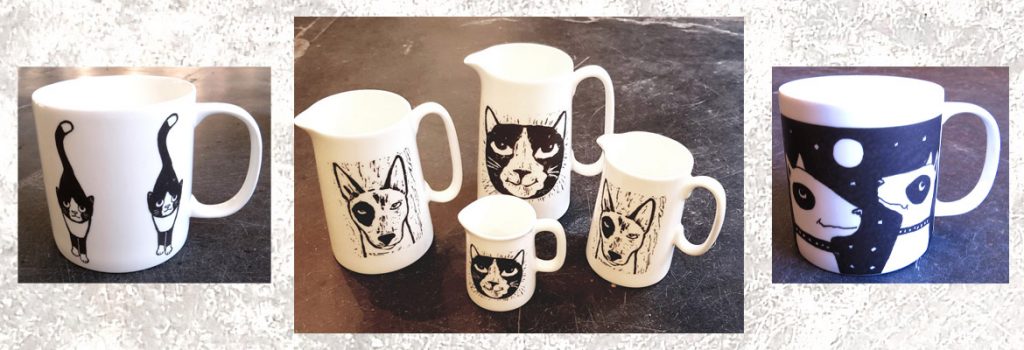 ceramic table top range mugs jugs lino print