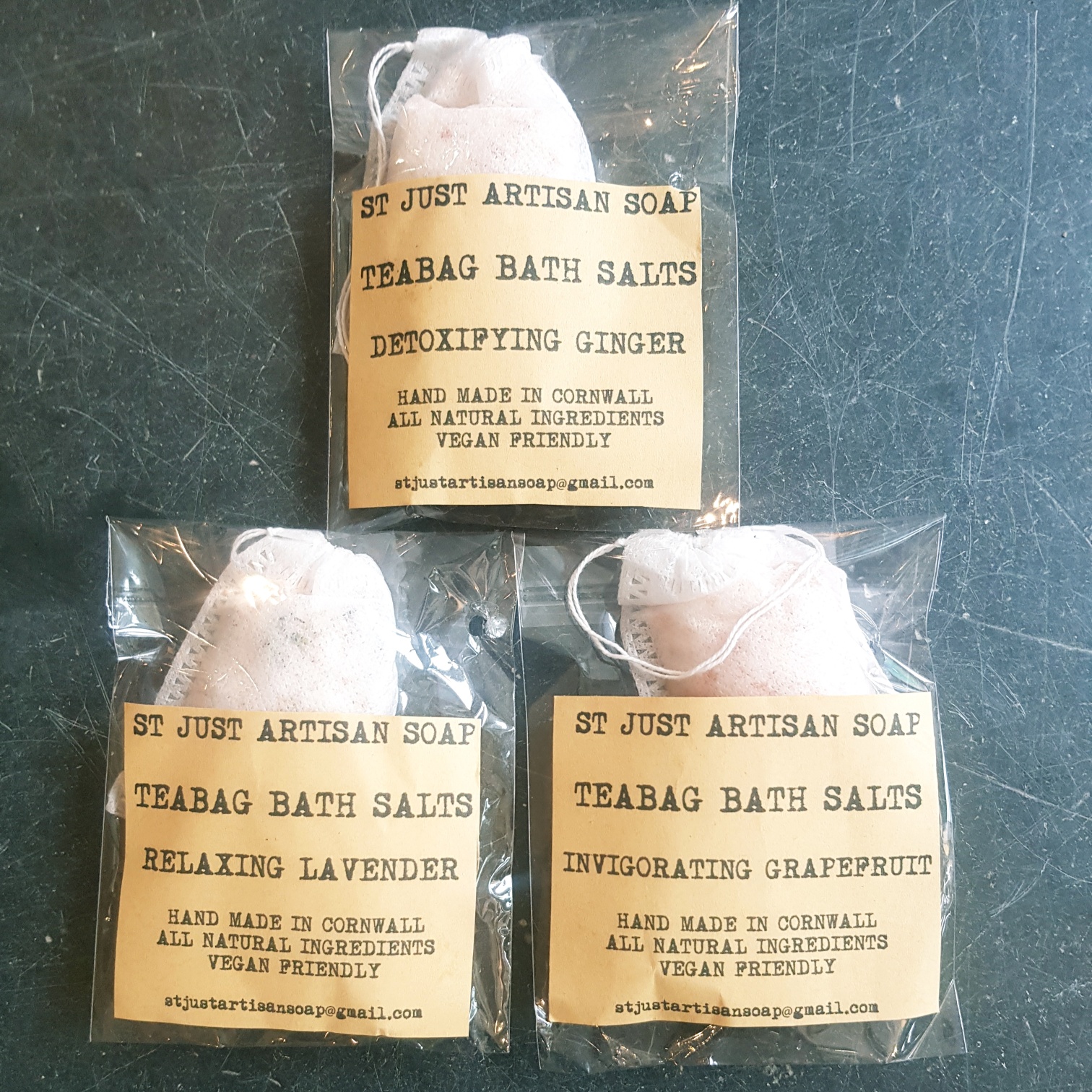 TEA BAG BATH SALTS THREE VARIETIES THE JANE ADAMS GALLERY