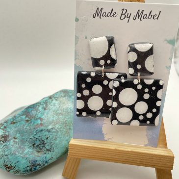 made by mabel stud drop earrings black and white, polymer clay and resin